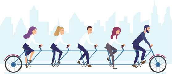Group of office business people riding bicycle together. Tandem bicycle teamwork concept vector illustration