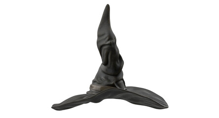 A black pointed hat with a wide brim, often associated with witches or magic.