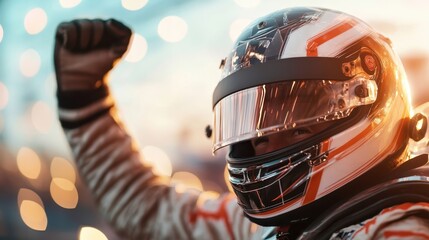 An inspiring action shot of a racing driver in a helmet celebrating and raising their arm in victory, reflecting triumph and adrenaline amid a glowing background.