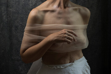 woman with lace skirt, and tulle covering her neckline 12