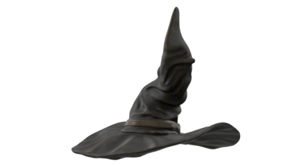 A pointed black hat with a twisted design, commonly associated with magical themes and wizardry.