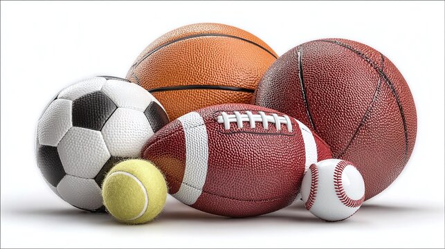 A vibrant collection of sports balls: baseball, basketball, tennis, American football, and soccer balls grouped together in a dynamic arrangement.