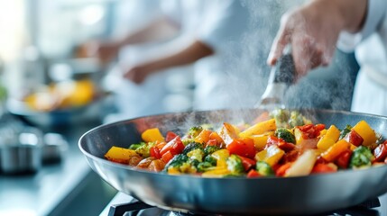 Two chefs expertly preparing a vibrant medley of fresh vegetables in a modern kitchen, showcasing culinary skills and the art of cooking.