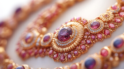 Close-up visual of traditional Ayutthayan jewelry, showcasing the intricate gold and gemstone work against a pure white background 