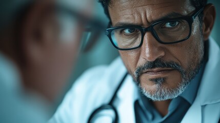 A focused doctor in glasses is intensely engaging with a patient, showcasing the seriousness and professionalism in a medical consultation environment.
