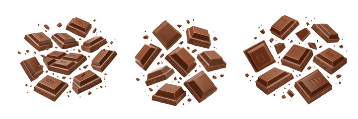 Broken Chocolate Bar Pieces with Crumbs On Isolated Transparent Background

