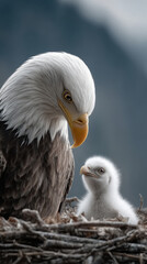 Fototapeta premium Bald Eagle in Nest with her Eaglet