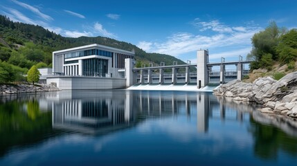 Obraz premium Modern hydroelectric power station with sleek architecture, surrounded by lush greenery and calm water, reflecting sustainable energy solutions and innovation in renewable resources