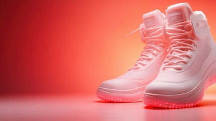 A pair of modern, white sneakers with LED lights on the soles stand out against a simple gradient background, showcasing fashionable design and offering a trendy footwear option.