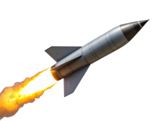  Close-Up of Flying Missile with Flame Trail and Smoke, Isolated on Transparent Background