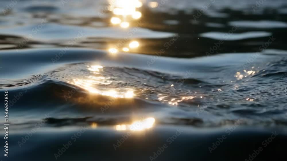 Poster a close-up of the shimmering water surface, reflecting golden sunlight and creating ripples in its p