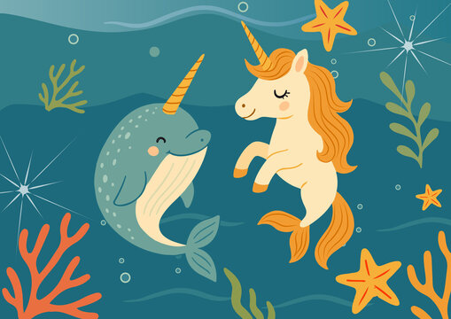 Verspielte Unterwasserillustration mit einem l&auml;chelnden Narwal und einem fr&ouml;hlichen Einhorn mit Fischflosse. Beide begegnen sich in einer fantasievollen Meeresszene, umgeben von bunten Korallen