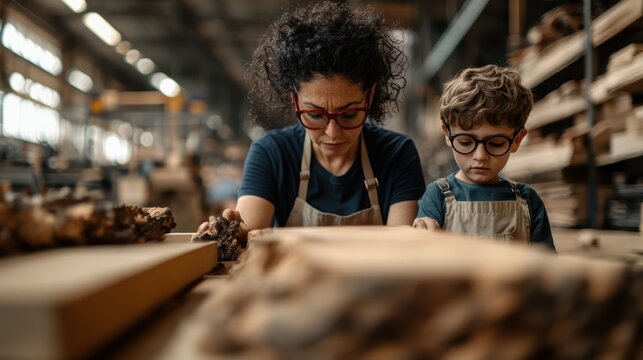A focused adult and child work on woodworking projects, showcasing their connection through hands-on creativity and craftsmanship in a spacious workshop filled with wooden materials.
