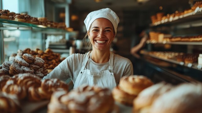 A joyful baker stands proudly in a vibrant bakery, showcasing an array of delicious pastries and desserts, embodying passion and skill in creating delightful baked goods.