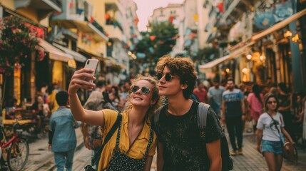 Fototapeta premium A young couple taking selfies while walking through a lively downtown street 