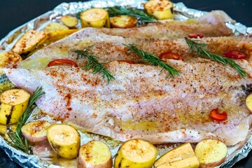 Traditional Brazilian golden tropical fish Salminus brasiliensis roasted with traditional seasonings, plantain, potatoes and rosemary. Dourado assado