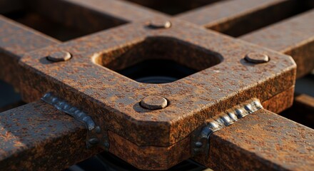 Detailed Rusty Metalwork: Close-up of Bolted Steel Structure with Square Connection