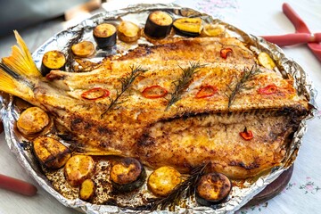 Traditional Brazilian golden tropical fish Salminus brasiliensis roasted with traditional seasonings, plantain, potatoes and rosemary. Dourado assado