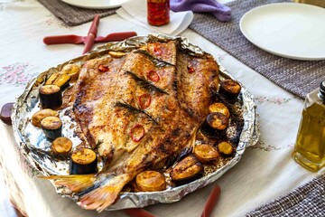 Traditional Brazilian golden tropical fish Salminus brasiliensis roasted with traditional seasonings, plantain, potatoes and rosemary. Dourado assado