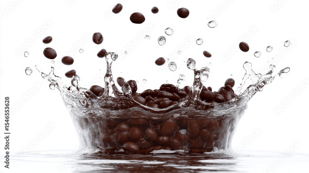 Poster coffee beans splashing into water, creating a crown-shaped splash.