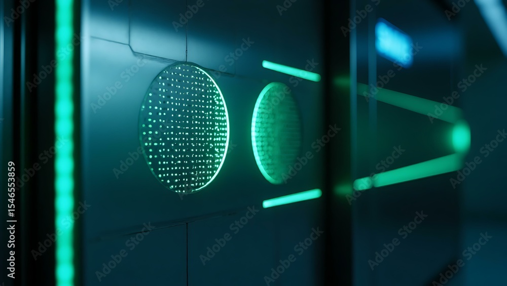 Poster close-up view of illuminated green circuit panel featuring circular patterns, evoking a futuristic a