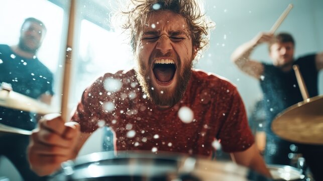 A passionate drummer performs energetically, surrounded by motion blur and splashes, conveying the thrill of live music and embodying creativity and emotional expression through rhythm.