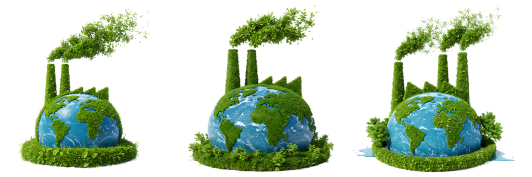 Eco Friendly Green Factory on Globe On Isolated Transparent Background

