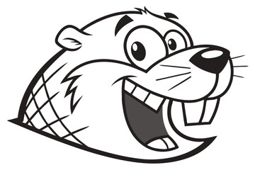 Animated beaver shows big teeth with an open mouth in black and white
