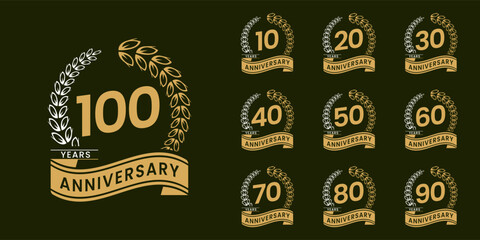Set of vector icon or logo designs for 10th to 100th anniversary with laurel wreath, in gold color for celebrations, weddings and birthdays