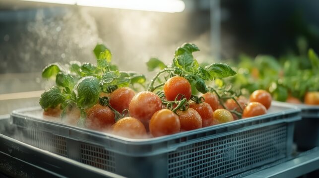 Vibrant red tomatoes glisten with fresh water droplets, displayed in a crate, emphasizing the beauty and freshness of farm-to-table produce amid a misting environment. - Powered by Adobe