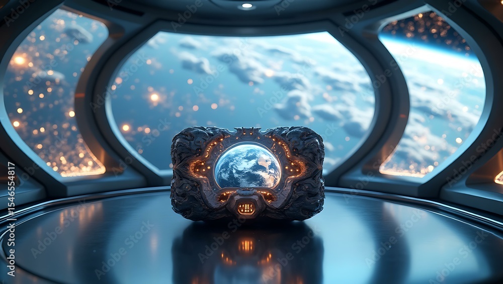 Poster a futuristic control panel displaying earth, surrounded by an otherworldly space view through sleek 