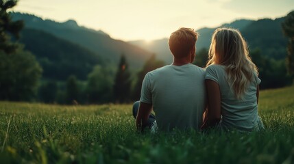 Naklejka premium A couple sits side by side on a grassy hill, gazing at a breathtaking sunset, symbolizing love, tranquility, and shared moments in the beauty of nature's embrace.