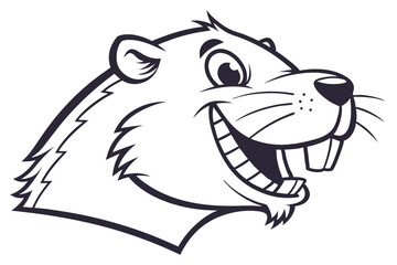 A cartoon beaver character is smiling widely, showing large teeth in this monochrome image