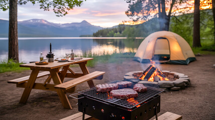 Steaks Sizzling on Grill at Lakeside Campsite During Sunset in the Mountains