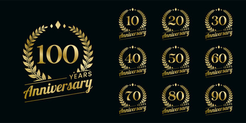 Set of vector icon or logo designs for 10th to 100th anniversary with laurel wreath, in gold color for celebrations, weddings and birthdays