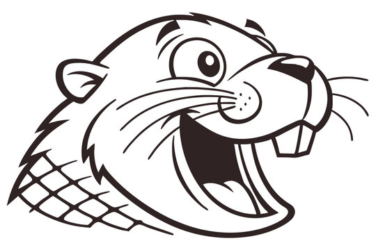 Cartoon beaver character shows big buck teeth while laughing heartily in black and white