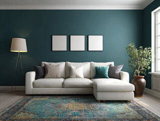 Mockup Set of 3 Modern Minimalist Living Room with Green Wall and Elegant Designer Sofa