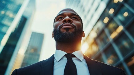A confident businessman stands tall amid a modern urban backdrop, exuding professionalism and ambition, embodying the essence of success and leadership in business.