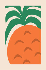 Botanical hand drawn pineapple fruit with leaves on beige background. Vector illustration.