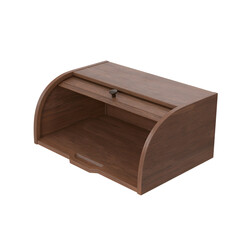 A wooden bread box with a curved top and a sliding drawer, designed for storing bread and keeping it fresh.