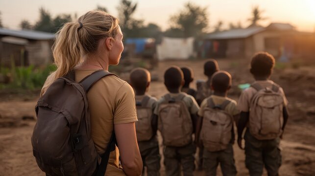 A compassionate volunteer engages with children in a humble community, portraying the importance of support, education, and connection in underprivileged areas.