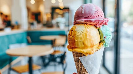 Front view of  icecream cone with three different scoops of ice cream, featuring rich, creamy textures and vibrant colors, set against a clean white background,commercial use