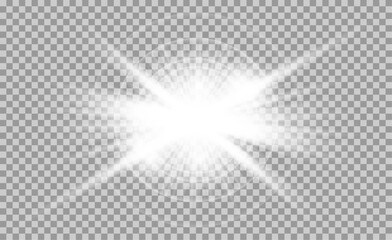 White glowing light burst explosion with transparent. Vector illustration for cool effect decoration with ray sparkles. Bright star. Transparent shine gradient glitter, bright flare. Glare texture.