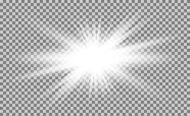 White glowing light burst explosion with transparent. Vector illustration for cool effect decoration with ray sparkles. Bright star. Transparent shine gradient glitter, bright flare. Glare texture.