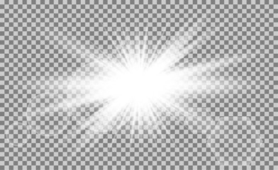 White glowing light burst explosion with transparent. Vector illustration for cool effect decoration with ray sparkles. Bright star. Transparent shine gradient glitter, bright flare. Glare texture.