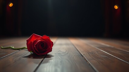 Single red rose on a wooden theater stage under spotlight, symbolizing the passing of an actress, evoking a sense of melancholy and theatrical nostalgia.