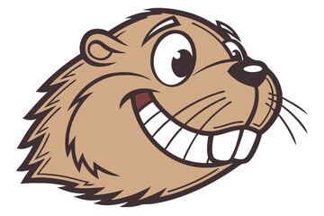 Smiling cartoon beaver with visible teeth and happy expression looks to the right side