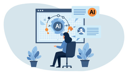 Woman analyzing ai data on computer screen isolated on white background
