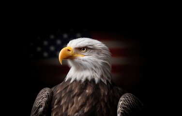 Obraz premium Majestic bald eagle against the backdrop of the American flag symbolizing freedom and patriotism