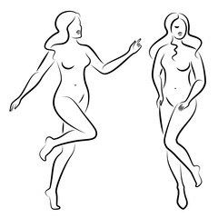 Collection. Silhouette of a cute lady, she is standing. The girl has a beautiful naked figure. The woman is a young sexy and slim model. Vector illustration set